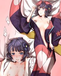 Rule 34 | 1girl, black hair, blue eyes, blush, breasts, commentary request, e mishi, fate/grand order, fate (series), flower, hair flower, hair ornament, implied sex, japanese clothes, katsushika hokusai (fate), kimono, looking at viewer, lying, medium breasts, naughty face, navel, nipples, on back, pov, short hair, smile, solo, undressing