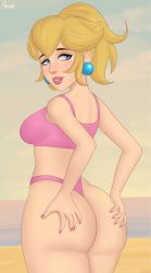 Rule 34 | 1girl, ass, ass grab, bare shoulders, bikini, blonde hair, blue eyes, blush, breasts, come hither, crown, deep skin, earrings, from behind, highres, huge ass, jewelry, large breasts, long hair, looking at viewer, looking back, mario (series), nail polish, naughty face, nintendo, parted lips, ponytail, princess peach, rocner, sideboob, smile, solo, super mario bros. 1, swimsuit, thong