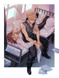 Rule 34 | 2boys, arm around waist, bare arms, barefoot, bed sheet, black footwear, black pants, blonde hair, cloud strife, collared shirt, facial mark, final fantasy, final fantasy vii, final fantasy vii advent children, full body, grey shirt, hair between eyes, half-closed eyes, high collar, highres, holding, holding paper, indoors, long sleeves, looking at another, lying, male focus, multiple boys, on bed, on side, open collar, pants, paper, pillow, pokashi, red hair, reno (ff7), shirt, short hair, sitting, sleeveless, sleeveless shirt, spiked hair, sunlight, sweatdrop, white shirt, window, yaoi