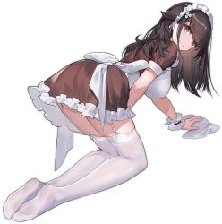Rule 34 | 1girl, azur lane, breasts, brown hair, choukai (azur lane), choukai (tidy store tidy mind) (azur lane), from behind, garter straps, hair ornament, indoors, kishiyo, kneeling, large breasts, long hair, looking at viewer, looking back, maid, maid cafe, maid headdress, official alternate costume, official art, thighhighs, transparent background, white thighhighs, yellow eyes