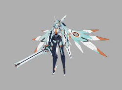 Rule 34 | 1girl, absurdres, commentary, faceplate, grey background, highres, holding, holding sword, holding weapon, jhcrow3, machine, mecha musume, mechanical ears, mechanical wings, original, solo, sword, weapon, wings