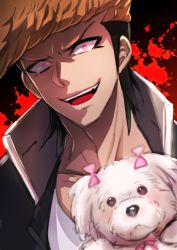 Rule 34 | 1boy, animal, black hair, blood, blood splatter, bow, brown hair, chiko (d04099), collarbone, danganronpa (series), dog, evil grin, evil smile, grin, high collar, looking at viewer, male focus, medium hair, multicolored hair, owada mondo, open mouth, pink bow, pompadour, smile, solo, teeth, two-tone hair, upper body, upper teeth only, delinquent