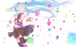 Rule 34 | 1girl, absurdres, aqua hair, armpits, bare shoulders, black necktie, black skirt, black thighhighs, blouse, blurry, blurry background, closed eyes, commentary, confetti, cowboy shot, hair ornament, hatsune miku, highres, leg up, long hair, miniskirt, multicolored shirt, necktie, open mouth, outstretched arms, pleated skirt, scrunchie, shirt, skirt, sleeveless, sleeveless shirt, smile, solo, tell your world (vocaloid), thighhighs, twintails, very long hair, vocaloid, white background, wrist scrunchie, yuzuha wasa, zettai ryouiki