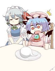 Rule 34 | 2girls, apron, ascot, bat wings, blue dress, blue hair, braid, brooch, chair, dress, closed eyes, fang, female focus, fork, ghost, izayoi sakuya, jewelry, knife, maid, maid apron, maid headdress, multiple girls, open mouth, pink dress, plate, puffy sleeves, red eyes, remilia scarlet, shirt, short hair, silver hair, sitting, ^^^, surprised, table, touhou, tsukigi, twin braids, waist apron, wings