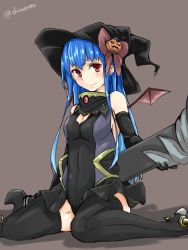 Rule 34 | 1girl, adapted costume, bad id, bad pixiv id, bare shoulders, bat wings, black gloves, black thighhighs, blue hair, blush, bow, breasts, cleavage, cleavage cutout, clothing cutout, elbow gloves, gloves, halloween, hat, hat bow, holding, jack-o&#039;-lantern, leotard, light smile, long hair, looking away, mafuyu no mo, ole tower, pumpkin, red eyes, shadow, simple background, sitting, solo, spanner (ole tower), spanner m36 (ole tower), taut clothes, thighhighs, twitter username, wings, witch hat, zettai ryouiki