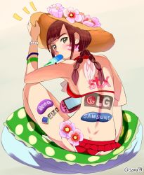 Rule 34 | 1girl, ^^^, alternate hairstyle, ass, back, bare shoulders, bead bracelet, beads, bikini, blunt bangs, blush, bracelet, braid, breasts, brown eyes, brown hair, butt crack, d.va (overwatch), emblem, facepaint, facial mark, flower hat, food, from behind, halterneck, hand on headwear, handheld game console, hat, highres, indian style, jewelry, logo, long hair, looking at viewer, looking back, low-tied long hair, medium breasts, mouth hold, overwatch, overwatch 1, playing games, playstation portable, popsicle, product placement, red bikini, sidelocks, sitting, solo, sou (sona99), sun hat, swimsuit, twin braids, twitter username, whisker markings