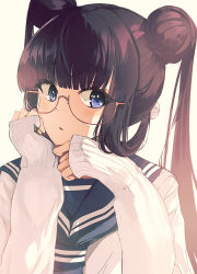 Rule 34 | 1girl, alternate costume, bad id, bad pixiv id, bespectacled, blue eyes, blue sailor collar, blunt bangs, double bun, fate/grand order, fate (series), glasses, hair bun, hand on own cheek, hand on own face, kooemong, long hair, long sleeves, looking at viewer, orange-framed eyewear, parted lips, purple hair, sailor collar, school uniform, serafuku, shirt, simple background, sleeves past wrists, smile, solo, twintails, upper body, white background, white shirt, yang guifei (fate)