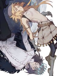 Rule 34 | 1boy, 1girl, artoria caster (fate), artoria caster (first ascension) (fate), artoria pendragon (fate), bare shoulders, belt bag, blonde hair, breasts, cape, closed eyes, collared shirt, crown, diamond hairband, falling, fate/grand order, fate (series), fur-trimmed cape, fur trim, gloves, grey gloves, grey hair, grey hat, hat, highres, insect wings, long hair, long sleeves, medium hair, oberon (fate), oberon (third ascension) (fate), rerheart, shirt, sleeveless, twintails, vest, white background, white shirt, white vest, wings