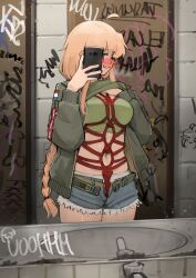 Rule 34 | 1girl, absurdres, ahoge, belt, blonde hair, blue eyes, blush, braid, braided ponytail, breasts, cellphone, clothes lift, denim, denim shorts, female focus, glass, glasses, green jacket, green shirt, green sports bra, highres, holding, holding phone, indie virtual youtuber, indoors, jacket, lifting own clothes, long hair, long sleeves, medium breasts, mirror, navel, open mouth, phone, reflection, restroom, selfie, shibari, shibari over clothes, shirt, shirt lift, shorts, smartphone, smile, solo, sports bra, standing, very long hair, virtual youtuber, whiskey project, xerbatt