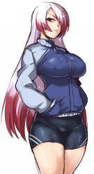 Rule 34 | 1girl, akinaie, asmodeus (megido72), bike shorts, black shorts, breasts, closed mouth, contemporary, covered erect nipples, crotch seam, gradient hair, hair over one eye, hands in pockets, jacket, large breasts, long hair, long sleeves, looking at viewer, megido72, multicolored hair, pink eyes, red hair, shorts, silver hair, simple background, solo, track jacket, v-shaped eyebrows, very long hair, white background, zipper, zipper pull tab