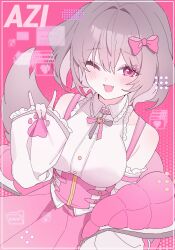 Rule 34 | 1girl, animal ears, blush, bow, breasts, choker, corset, detached sleeves, dog ears, dog tail, eyelashes, fang, frilled shirt, frilled sleeves, frills, grey hair, hair between eyes, hair bow, hair ornament, hairpin, highres, indie virtual youtuber, jacket, kithera, looking at viewer, medium breasts, multicolored clothes, multicolored jacket, multicolored ribbon, one eye closed, open mouth, paw print, pink background, pink bow, pink choker, pink corset, pink eyes, pink jacket, pink skirt, pleated skirt, ribbon, shirt, short hair, skirt, sleeveless, sleeveless shirt, sleeves past wrists, solo, solo focus, tail, two-tone jacket, upper body, virtual youtuber, white jacket, white shirt, yangazi (dkwl025)