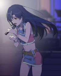 Rule 34 | 1girl, bare shoulders, belt, blue hair, blurry, blurry background, blush, brown belt, brown eyes, collarbone, cowboy shot, crop top, cropped shirt, flat chest, floating hair, hands up, highres, holding, holding microphone, idolmaster, idolmaster (classic), idolmaster million live!, idolmaster million live! theater days, kisaragi chihaya, long hair, looking at another, microphone, midriff, miniskirt, nanaseki7, navel, open mouth, red wrist cuffs, shirt, skirt, sleeveless, sleeveless shirt, solo, stage, standing, two-tone shirt, two-tone skirt, wrist cuffs