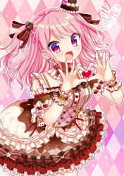 Rule 34 | 1girl, :d, alternate hairstyle, argyle, argyle background, argyle clothes, bang dream!, bow, commentary request, detached collar, detached sleeves, dress, earrings, frilled cuffs, frilled dress, frilled shirt collar, frilled sleeves, frills, gem, hair ornament, hair ribbon, hat, heart, heart hair ornament, heart hands, jewelry, lolita fashion, long hair, looking at viewer, maruyama aya, mini hat, mio (melchi), open mouth, outline, overskirt, pearl (gemstone), pink background, pink eyes, pink hair, ribbon, short sleeves, smile, solo, sparkle, two side up, white outline, wrist cuffs