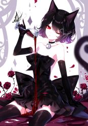 Rule 34 | 1girl, absurdres, alcohol, animal ears, bare shoulders, black choker, black dress, black gloves, black hair, black thighhighs, cat ears, choker, cup, dress, drinking glass, elbow gloves, flower, gloves, gradient hair, hair between eyes, hand up, highres, holding, holding cup, looking at viewer, multicolored hair, one eye closed, original, purple hair, red eyes, red flower, red rose, rose, sheya, short dress, short hair, sitting, solo, strapless, strapless dress, thighhighs, white background, wine, wine glass, zettai ryouiki