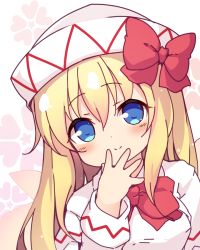 Rule 34 | 1girl, baku-p, blonde hair, blue eyes, blush, bow, bowtie, breasts, closed mouth, fairy wings, floral background, hair between eyes, hair bow, lily white, long hair, looking at viewer, red bow, red bowtie, shirt, smile, solo, touhou, upper body, white headwear, white shirt, white sleeves, wings