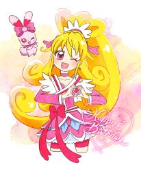 Rule 34 | 1girl, aida mana, blonde hair, bow, brooch, choker, commentary request, cure heart, dokidoki! precure, happy birthday, heart, heart brooch, heart hands, hoppetoonaka3, jewelry, long hair, magical girl, open mouth, pink bow, pink choker, pink eyes, pink sleeves, ponytail, precure, sharuru (dokidoki! precure), waist bow, wide ponytail