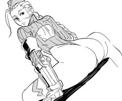Rule 34 | 1girl, ahoge, ass, ass focus, back cutout, bad id, bb (baalbuddy), braid, cammy white, capcom, closed mouth, clothing cutout, dutch angle, from behind, gauntlets, greyscale, hat, highres, inactive account, leg strap, leotard, long hair, looking at viewer, looking back, monochrome, simple background, sitting, solo, street fighter, street fighter v, thigh strap, white background