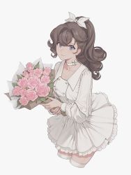 Rule 34 | 1girl, asymmetrical bangs, blue eyes, bouquet, bow, choker, closed mouth, collarbone, commentary request, curly hair, dress, earrings, fingernails, flower, frilled dress, frills, grey background, grey hair, hair bow, high ponytail, highres, holding, holding bouquet, jewelry, lips, long hair, long sleeves, looking at viewer, pauline bonaparte, ponytail, quuni, seijo senki, simple background, smile, solo, standing, thighhighs, white dress, white thighhighs
