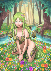 Rule 34 | 1girl, aqua eyes, barefoot, convenient censoring, flower, glowing, grass, green hair, hair flower, hair ornament, highres, leaning forward, long hair, looking at viewer, nature, nude, oopartz yang, original, outdoors, river, seiza, short eyebrows, sitting, smile, solo, tree, v arms, very long hair