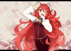 Rule 34 | 1girl, ;d, aki (mare desiderii), antennae, bodysuit, green eyes, letterboxed, long hair, long sleeves, microphone, one eye closed, open mouth, plug, plug: full metal idol, puffy long sleeves, puffy sleeves, red hair, smile, solo, very long hair, wink