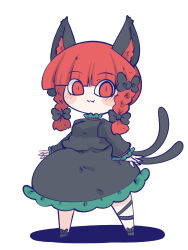 Rule 34 | 1girl, :3, animal ears, ankle ribbon, black bow, black footwear, black ribbon, black shirt, black skirt, blunt bangs, blush, bow, cat ears, cat girl, cat tail, chahan (fried rice0614), chibi, collar, commentary, fang, footwear bow, frilled collar, frilled skirt, frills, full body, hair bow, highres, kaenbyou rin, leg ribbon, long sleeves, looking at viewer, multiple tails, neck ribbon, puffy sleeves, red eyes, red hair, red ribbon, ribbon, ribbon-trimmed sleeves, ribbon trim, shadow, shirt, short hair, simple background, skirt, skirt set, solo, spread fingers, standing, tail, touhou, twintails, two tails, white background