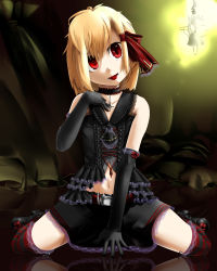Rule 34 | 1girl, absurdres, ascot, bad id, bad pixiv id, bare shoulders, black gloves, blonde hair, choker, elbow gloves, embodiment of scarlet devil, fangs, female focus, frills, gloves, gothic lolita, highres, kneeling, konro, lolita fashion, midriff, navel, open mouth, red eyes, rumia, shamo (koumakantv), slit pupils, solo, striped clothes, striped thighhighs, thighhighs, touhou, zettai ryouiki