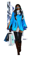 Rule 34 | 1girl, absurdres, adapted costume, alternate costume, arm slit cape, artist name, aviator sunglasses, bag, black pantyhose, blue-tinted eyewear, blue-tinted glasses, blue coat, blue eyes, boots, brown hair, brown lips, brown pantyhose, casual, character name, closed mouth, coat, cyborg, dark-skinned female, dark skin, dress, earmuffs, fashion, forehead jewel, full body, gem, glasses, highres, holding, knee boots, lipstick, long hair, long sleeves, makeup, mole, monori rogue, outdoors, overwatch, overwatch 1, pantyhose, paper bag, scarf, shopping bag, short dress, simple background, solo, sunglasses, symmetra (overwatch), tinted eyewear, very dark skin, walking