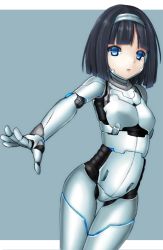 Rule 34 | 1girl, android, black hair, blue background, blue eyes, bob cut, border, breasts, commentary request, hairband, joints, kurogane daichi, looking at viewer, medium hair, original, parted lips, robot joints, small breasts, solo, white border