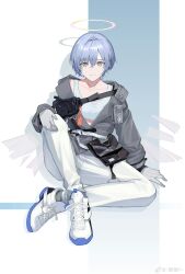 Rule 34 | absurdres, arknights, blue hair, character request, cigarette p, closed mouth, collarbone, commentary, full body, gloves, green eyes, grey gloves, grey jacket, grey socks, hair between eyes, halo, highres, jacket, long sleeves, looking at viewer, open clothes, open jacket, pants, shoes, sitting, sleeves past wrists, smile, socks, symbol-only commentary, tank top, white footwear, white pants, white tank top