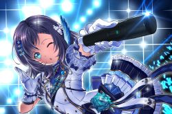 Rule 34 | 1girl, aiba uiha, audience, black hair, blue bow, blue eyes, blue flower, blue skirt, blush, bow, braid, braided bangs, breasts, commentary, concept art, dress, dutch angle, flower, gloves, glowstick, hair bow, highres, holding, holding microphone, idol clothes, indoors, lights, lips, looking at viewer, medium breasts, microphone, mole, mole under eye, nijisanji, one eye closed, open mouth, outstretched arm, puffy short sleeves, puffy sleeves, ribbon, shirihime, short sleeves, skirt, upper body, virtual youtuber, white bow, white dress, white gloves
