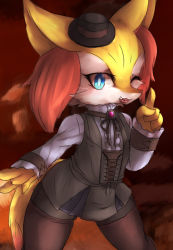 Rule 34 | 1girl, animal ears, artist request, black hat, black skirt, black thighhighs, black vest, blue eyes, blush, braixen, corset, creatures (company), fang, female focus, fox ears, fox tail, game freak, gen 6 pokemon, hand up, happy, hat, highres, legs apart, long sleeves, looking at viewer, mini hat, mini top hat, nintendo, one eye closed, open mouth, pokemon, pokemon (creature), pokemon xy, red background, shirt, simple background, skirt, smile, solo, standing, tail, teeth, thighhighs, top hat, vest, white shirt, wink, zettai ryouiki