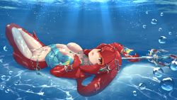 Rule 34 | 1girl, barefoot, bracelet, colored skin, fins, fish girl, green eyes, highres, holding, holding polearm, holding spear, holding weapon, jewelry, mipha, multicolored skin, nintendo, pointy ears, polearm, red skin, smile, solo, spear, tentacle hair, the legend of zelda, the legend of zelda: breath of the wild, weapon, zora