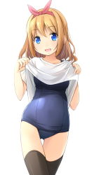 Rule 34 | 1girl, black thighhighs, blonde hair, blue eyes, blue one-piece swimsuit, clothes lift, cowboy shot, gluteal fold, hairband, highres, looking at viewer, one-piece swimsuit, open mouth, original, school swimsuit, shibacha (shibacha 0728), shirt, shirt lift, short hair, simple background, smile, solo, standing, swimsuit, swimsuit under clothes, thigh gap, thighhighs, white background, white shirt