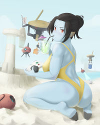 Rule 34 | 1girl, absurdres, alien, ass, barefoot, beach, black hair, blue skin, breasts, butt crack, cocktail glass, colored skin, commentary, controller, cup, drinking glass, english commentary, fewer digits, full body, game controller, gamepad, headgear, highleg, highleg swimsuit, highres, hooves, kneeling, large breasts, looking at viewer, looking back, no nose, one-piece swimsuit, pinky out, robot jones (artist), sand castle, sand sculpture, short ponytail, soles, solo focus, strap gap, summer, swimsuit, t&#039;au, tau drone, thick thighs, thighs, warhammer 40k, wireless, yellow one-piece swimsuit
