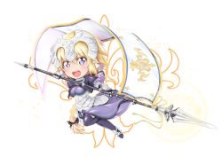 Rule 34 | 1girl, armor, armored dress, blonde hair, blue eyes, braid, capelet, chain, chibi, cigar cat, commentary request, fate/apocrypha, fate/grand order, fate (series), faulds, flag, full body, gauntlets, hair between eyes, headpiece, highres, jeanne d&#039;arc (fate), jeanne d&#039;arc (ruler) (fate), long braid, long hair, purple eyes, simple background, single braid, solo, thighhighs, very long hair, white background