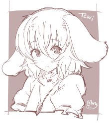 Rule 34 | 1girl, animal ears, blazer, character name, commentary request, dress, highres, inaba tewi, jacket, looking at viewer, mana (tsurubeji), monochrome, necktie, rabbit ears, short hair, signature, simple background, sketch, solo, touhou, white background