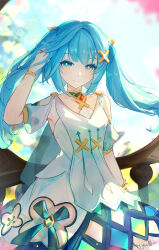 Rule 34 | 1girl, aqua hair, armpit peek, blurry, blurry background, breasts, chinese commentary, clothing cutout, commentary request, cowboy shot, dress, faruzan (genshin impact), genshin impact, green eyes, hair ornament, highres, long hair, looking at viewer, shanshanziyu, shoulder cutout, signature, small breasts, smile, solo, symbol-shaped pupils, triangle-shaped pupils, twintails, white dress, x hair ornament