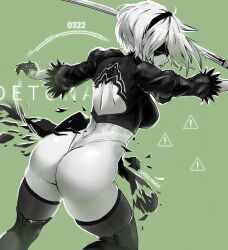 Rule 34 | !, 1girl, 2b (nier:automata), ass, back cutout, black blindfold, black gloves, black hairband, black thighhighs, blindfold, boots, breasts, clothing cutout, commentary, curvy, english commentary, facing to the side, feather-trimmed sleeves, from behind, gloves, green background, hairband, high heel boots, high heels, highleg, highleg leotard, highres, holding, holding sword, holding weapon, huge ass, icon (computing), juliet sleeves, katana, large breasts, leotard, leotard under clothes, long sleeves, miss faves, nier:automata, nier (series), puffy sleeves, shiny skin, short hair, sign, skirt, solo, sword, thigh boots, thighhighs, thighhighs under boots, thong leotard, torn clothes, torn skirt, warning sign, weapon, white hair, white leotard, wide hips
