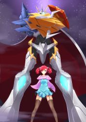 Rule 34 | 1girl, armor, bandai, blue eyes, bracelet, cape, crossed arms, crossed bandaids, curvy, digimon, digimon (creature), digimon story: cyber sleuth, dress, duke778, epic, expressionless, female focus, full armor, garter straps, glowing, glowing eye, gunbuster pose, highres, horns, jacket, jewelry, looking at viewer, machinery, monster, omegamon, omegamon x-antibody, open clothes, open jacket, red hair, scrunchie, shiramine nokia, short hair, standing, thighhighs, twintails, two side up, zettai ryouiki