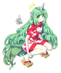 Rule 34 | 1girl, closed mouth, collared shirt, commentary request, curly hair, full body, geta, green eyes, green hair, heart, highres, horns, kariyushi shirt, komainu, komano aunn, long hair, looking at viewer, partial commentary, red shirt, shirt, short sleeves, shorts, signature, simple background, single horn, smile, solo, squatting, touhou, umigarasu (kitsune1963), very long hair, white background, white shorts