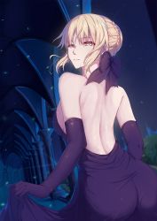 Rule 34 | 1girl, artoria pendragon (all), artoria pendragon (fate), ass, back, backless dress, backless outfit, bare back, bare shoulders, black bow, black dress, black gloves, blonde hair, bow, braid, braided bun, clothes lift, column, crown braid, dress, dress lift, elbow gloves, fate/grand order, fate (series), french braid, from behind, gloves, hair bow, hair bun, hallway, highres, leaf, looking at viewer, looking back, night, parted lips, pillar, rafael-m, saber alter, solo, star (sky), strapless, strapless dress, yellow eyes