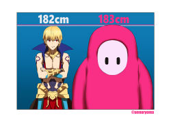 Rule 34 | 1boy, 1other, angry, blonde hair, blue background, bracelet, earrings, english text, fall guy, fall guys, fate/grand order, fate (series), gilgamesh (fate), gilgamesh (caster) (fate), height difference, highres, jewelry, open clothes, open shirt, red eyes, standing, tattoo, uenoryoma