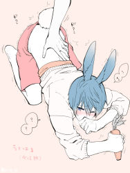 Rule 34 | 10s, 1boy, black hair, blue eyes, blush, rabbit ears, rabbit tail, flat color, free!, full body, male focus, nanase haruka (free!), partially colored, tail