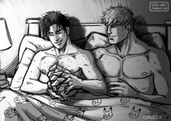 Rule 34 | . ., 2boys, bad id, bad tumblr id, bara, bed, bedroom, black hair, blonde hair, chest hair, collarbone, couple, cris art, gen 1 pokemon, greyscale, holding, hulkling, male focus, marvel, monochrome, multiple boys, nervous sweating, nipples, nude, on bed, pectorals, pikachu, pikachu print, shared blanket, short hair, sideburns, smile, sweat, thick eyebrows, upper body, wiccan, yaoi