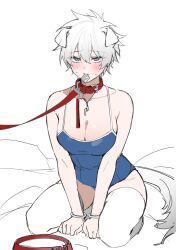 Rule 34 | 1girl, animal ears, bdsm, bechu, belt collar, bondage, bound, bowl, breasts, cleavage, closed mouth, collar, condom, condom in mouth, cuffs, devil may cry (series), dog ears, dog girl, dog tail, grey eyes, handcuffs, highres, kneeling, large breasts, leash, leash pull, mouth hold, nero (devil may cry), one-piece swimsuit, pet bowl, pet play, sitting, slave, solo, sweat, swimsuit, tail, thighhighs, white hair, white thighhighs