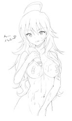 Rule 34 | 1girl, :q, ahoge, areola slip, bandaid, bandaids on nipples, breasts, greyscale, honey, hoshii miki, idolmaster, idolmaster (classic), large breasts, lineart, long hair, lotion, monochrome, naughty face, navel, nigiriushi, nude, pasties, solo, tongue, tongue out