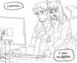 Rule 34 | 1boy, 1girl, angry, animal ears, bad id, bb (baalbuddy), cable, closed mouth, commentary, craft lawrence, english commentary, english text, fangs, fingernails, fox ears, fox tail, greyscale, highres, holo, hug, hug from behind, inactive account, jacket, keyboard (computer), long sleeves, monitor, monochrome, mouse (computer), open mouth, simple background, spice and wolf, sweat, nervous sweating, tail, white background, wide-eyed