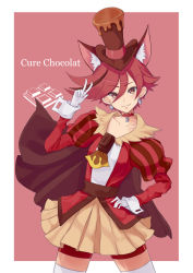 Rule 34 | 10s, 1girl, animal ears, bad id, bad pixiv id, bike shorts, blush, brown hair, candy, cape, character name, chocolate, chocolate bar, choker, cure chocolat, dog ears, dog tail, dress, earrings, english text, extra ears, eyebrows, eyelashes, food, food-themed hair ornament, fur trim, gloves, hair ornament, hair over one eye, happy, hat, jewelry, juliet sleeves, kenjou akira, kirakira precure a la mode, long hair, long sleeves, looking at viewer, magical girl, multicolored hair, ponytail, precure, puffy sleeves, red background, red eyes, red hair, ribbon, short hair, shorts, shorts under skirt, skirt, smile, solo, spiked hair, streaked hair, tail, thighhighs, thighs, top hat, white gloves, white thighhighs, yu ni t