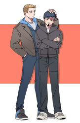 Rule 34 | 2boys, animification, arm up, avengers (series), baseball cap, black pants, blonde hair, blue eyes, blue hat, blue hoodie, blue pants, border, brown eyes, brown hair, brown jacket, buttons, closed mouth, crossed arms, denim, facial hair, full body, grey footwear, grey jacket, hand in pocket, hand on another&#039;s headwear, hat, highres, hood, hoodie, jacket, lapels, long sleeves, looking afar, looking at another, male focus, marvel, marvel cinematic universe, multiple boys, neighborxier, open clothes, open jacket, outside border, pants, pocket, red background, shirt, shoes, short hair, simple background, smile, sneakers, standing, steve rogers, t-shirt, teeth, tony stark, white border, white footwear, white shirt, zipper