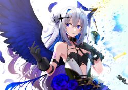 Rule 34 | 1girl, amane kanata, amane kanata (another world), angel wings, arm strap, bare arms, bare shoulders, belt, black collar, black gloves, blue flower, blue hair, blue rose, blue wings, bra, chest harness, collar, colored inner hair, crossed bangs, double bun, dress flower, fallen angel, feathered wings, flat chest, flower, gloves, grey hair, hair bun, halo, hand on own chest, harness, high-waist skirt, highres, hololive, hototogisu (hot to gis), multicolored hair, o-ring, official alternate costume, official alternate hair length, official alternate hairstyle, purple eyes, purple hair, rose, sideways glance, single hair intake, skirt, solo, star halo, strapless, strapless bra, streaked hair, underwear, virtual youtuber, wings